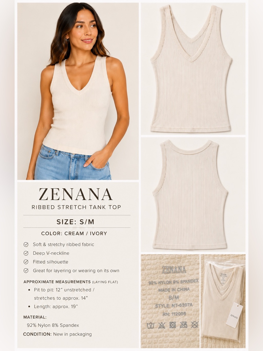 Zenana Ribbed Stretch Tank Top S/M – Cream/Ivory, New in packaging✨✨